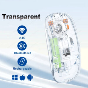 Transparent Dual-Mode Wireless Bluetooth 5.2 Mouse Rechargeable Silent Click Mouse with 3-Level DPI, Type-C Charging and Battery Display for Laptop, MacBook, PC